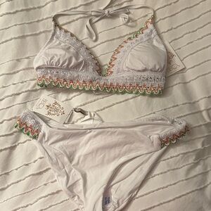 BECCA White Bikini Set with Green and Orange Trim